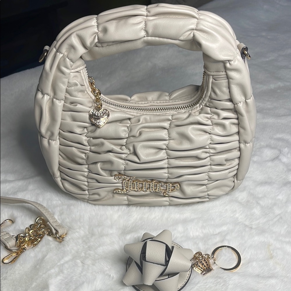 Juicy Couture- Cream Quilted Handbag with Gold Accents & Key chain